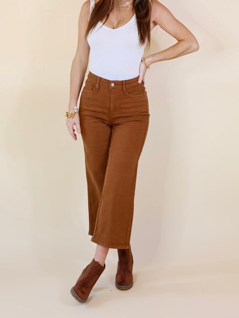 Judy Blue Tummy Control Wide Leg Cropped Garment Dyed Jeans 32 Brown High Waist